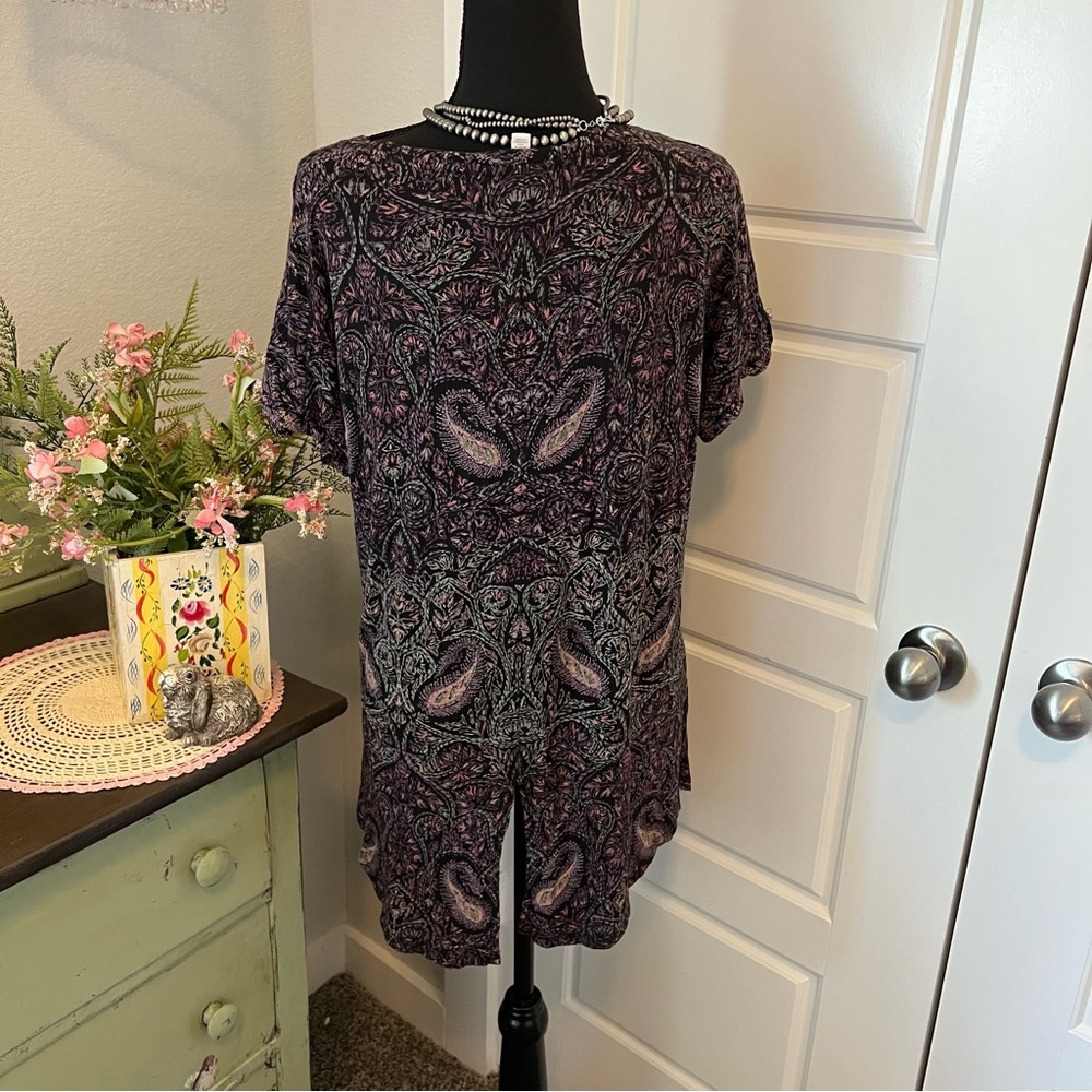 Lucky Brand Colorful Faux Embroidery Paisley Boho Short Sleeve T-Shirt Blouse L - Picture 6 of 10